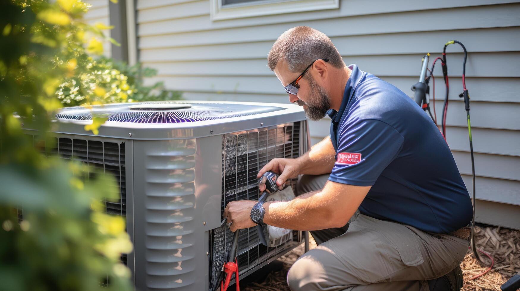 HVAC technician servicing an outdoor AC condenser unit